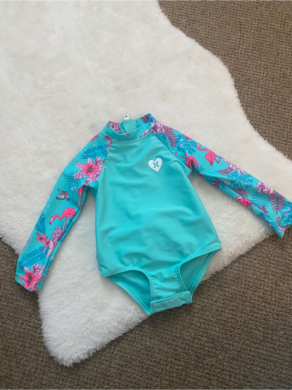 Hurley Kids Long Sleeve Turquoise Floral Rash Guard Swimsuit